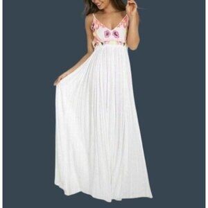 Raga NWT Backless Maxi Dress Embroidered White Pink Long Extra Small XS